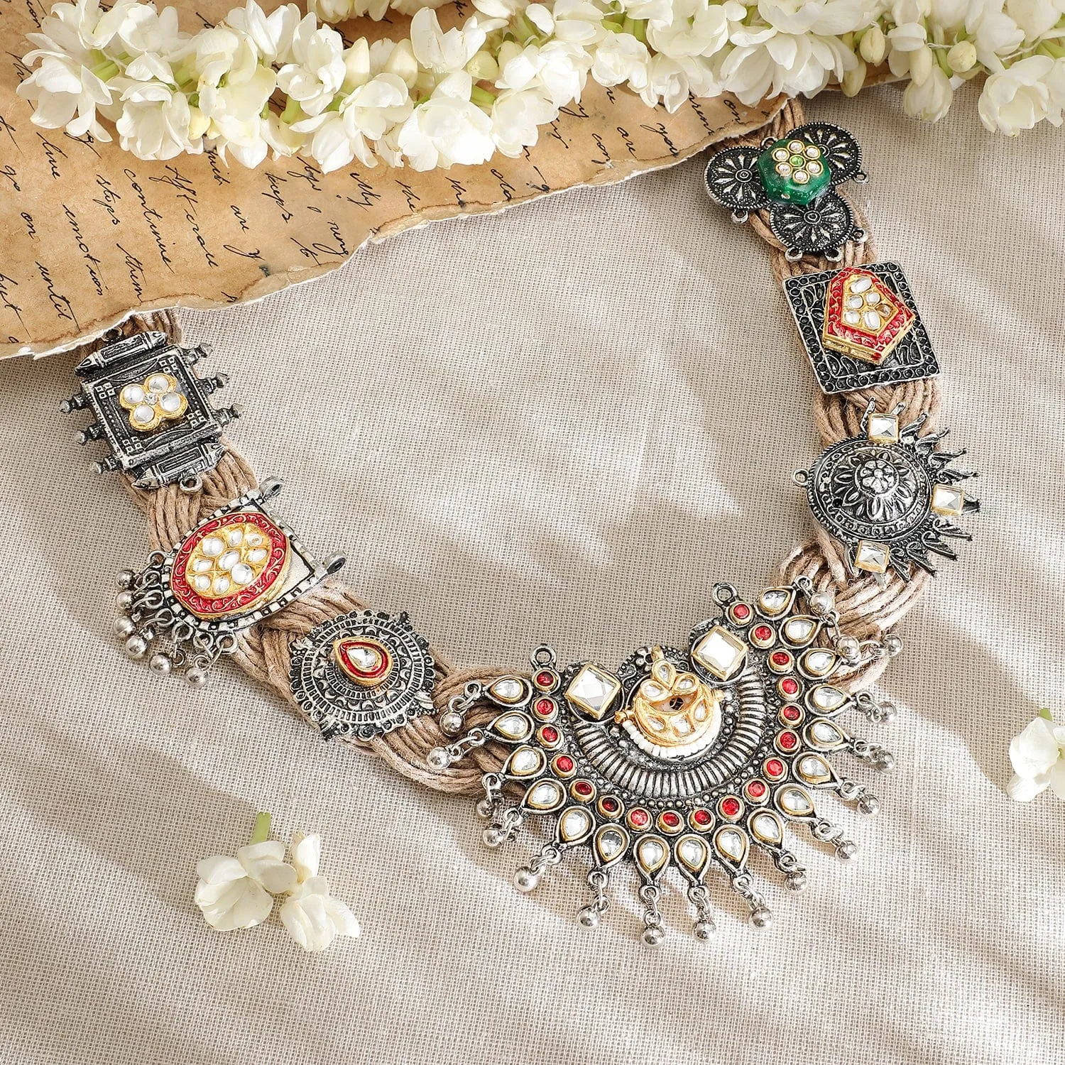 Rubans Oxidized Silver-Plated Multicolor Bold  Statement Necklace with Threaded Detailing