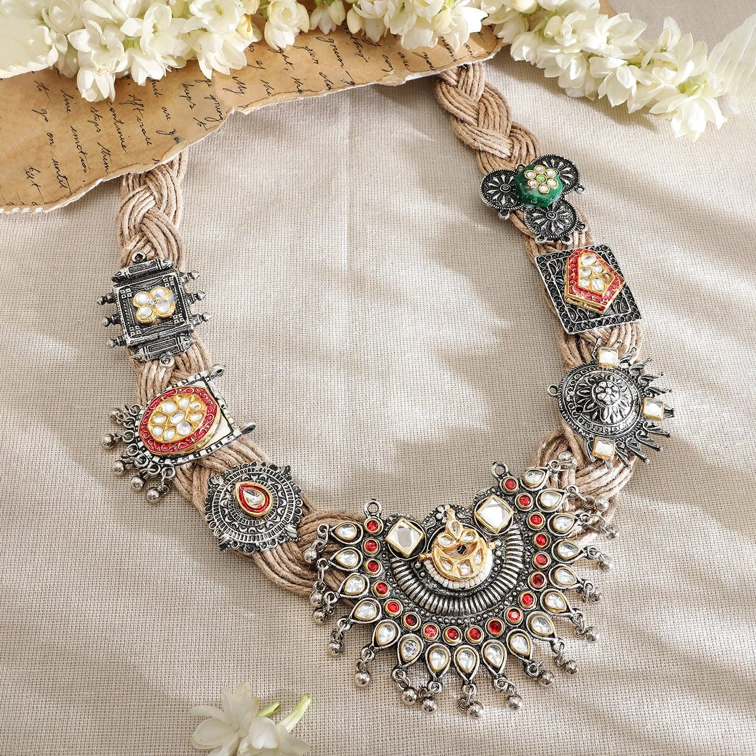 Rubans Oxidized Silver-Plated Multicolor Bold  Statement Necklace with Threaded Detailing