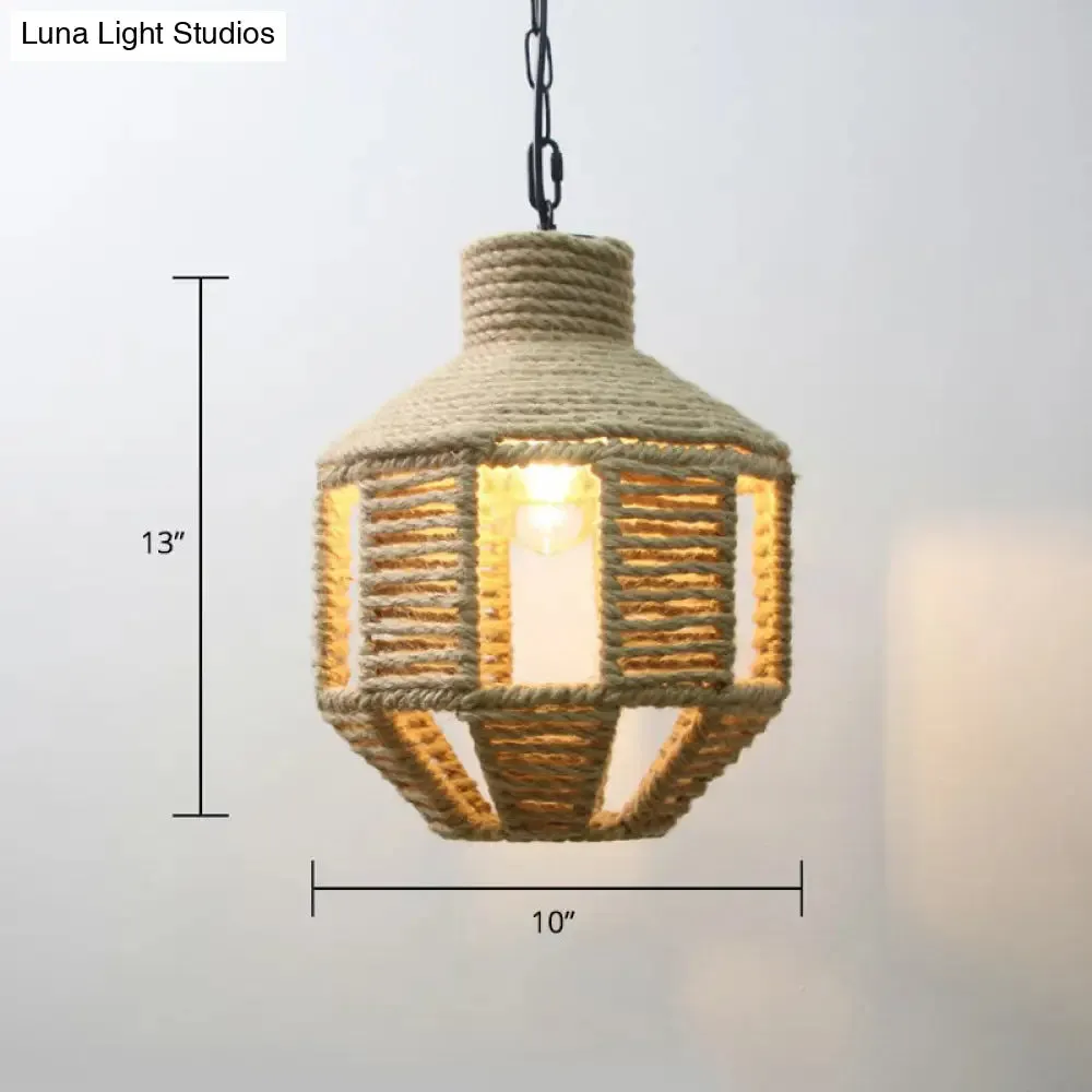 Rustic Rope Cage Pendant Light - Hand-Wrapped, 1 Bulb Ceiling Lamp in Light Brown for Restaurants