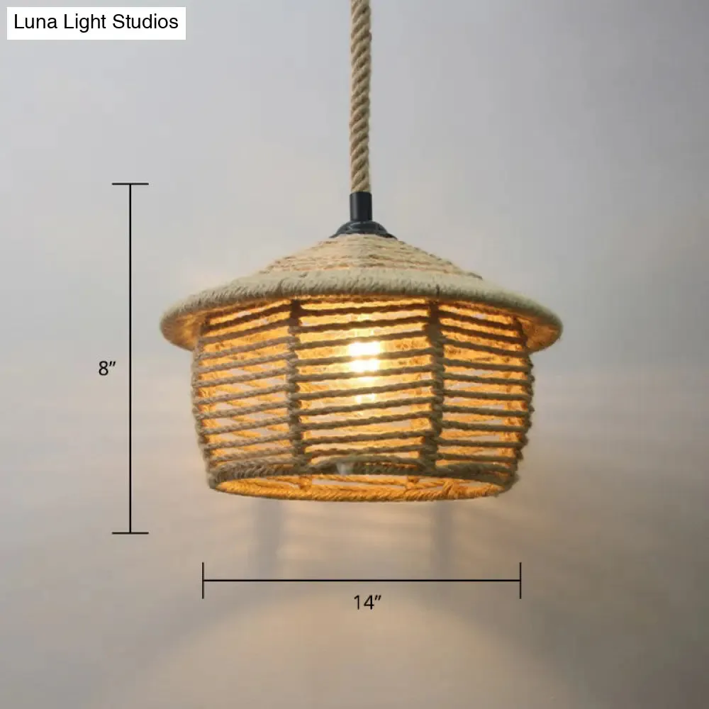 Rustic Rope Cage Pendant Light - Hand-Wrapped, 1 Bulb Ceiling Lamp in Light Brown for Restaurants