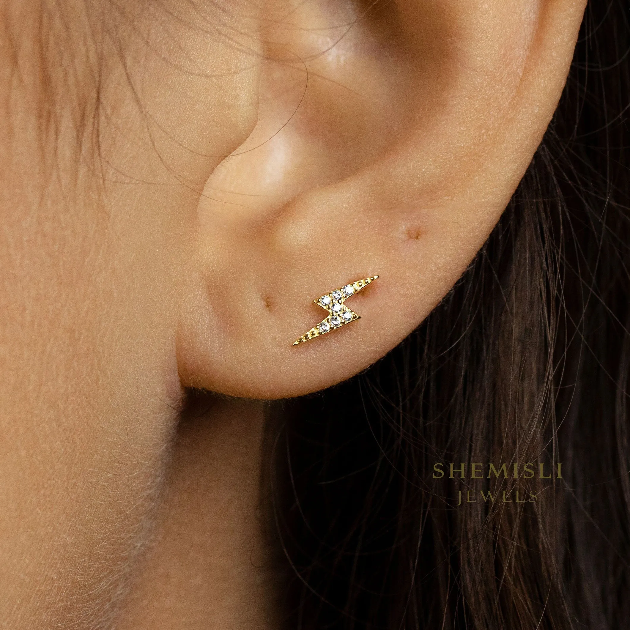 Small Lightning CZ Studs Earrings, Unisex, Gold, Silver SHEMISLI - SS115 Butterfly End, SS828 Screw Ball End (Type A)