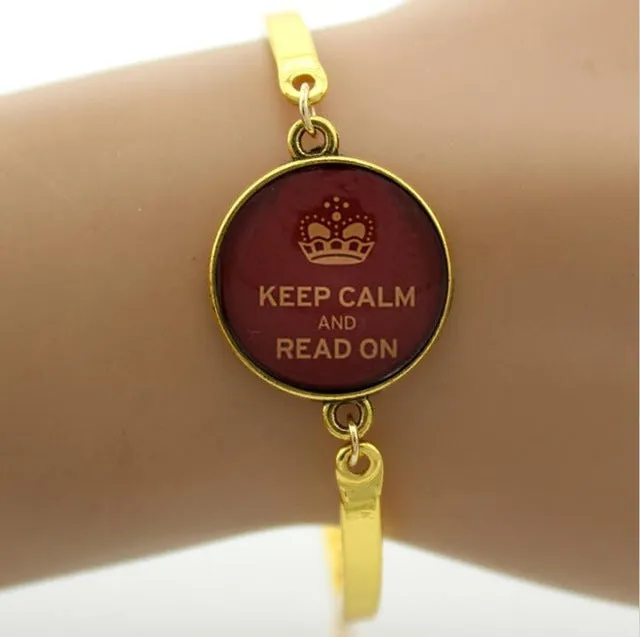 TAFREE Glass gem charm Bangle I Love Reading 'Keep Calm and Read On' Art Picture Bracelet,Book Vintage noble Jewelry women D15