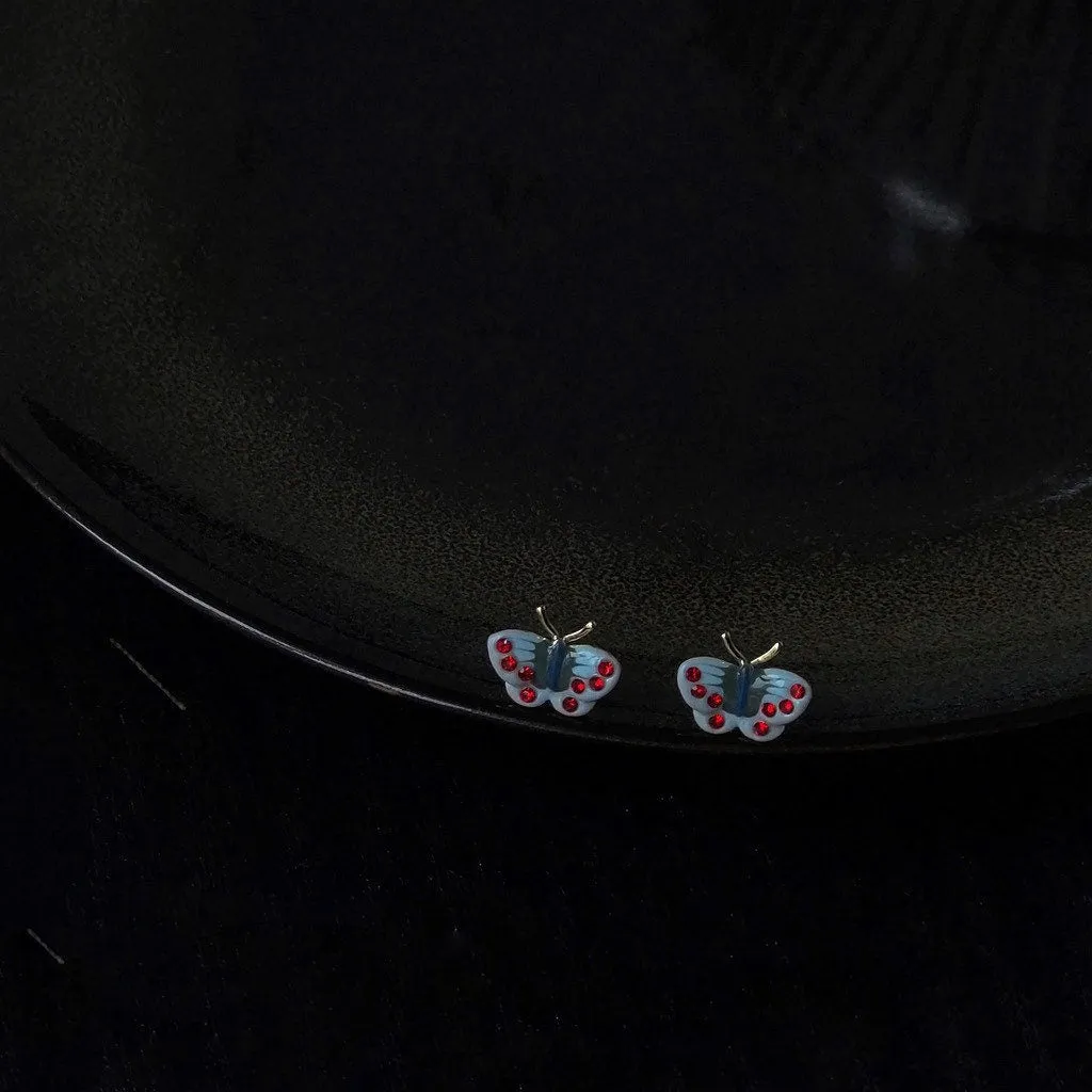 Tiny Enamel Butterfly Earrings, Sterling Silver, Gifts for kids, Cutest, Delicate, Blue