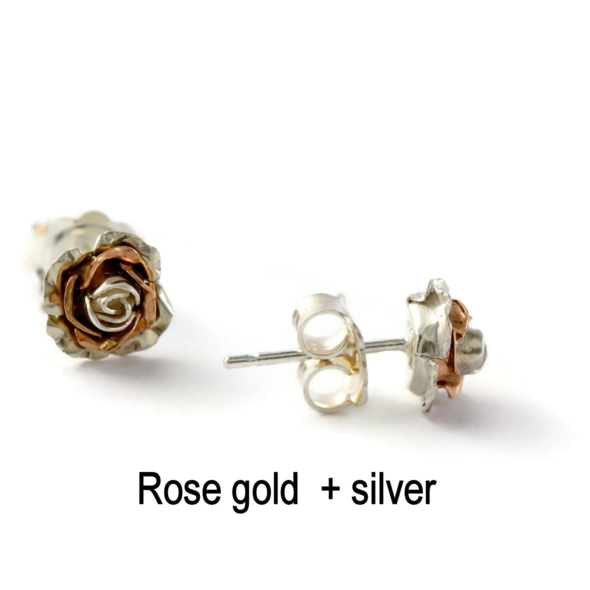 Tiny rose stud earrings - delicate 3D rose stud earrings in silver