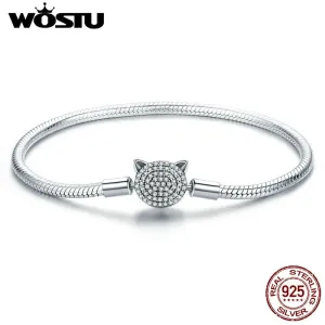 WOSTU Authentic 100% 925 Sterling Silver Cute Cat Glittering CZ Snake Strand Chain Bracelets Bangle for Women Silver Jewelry